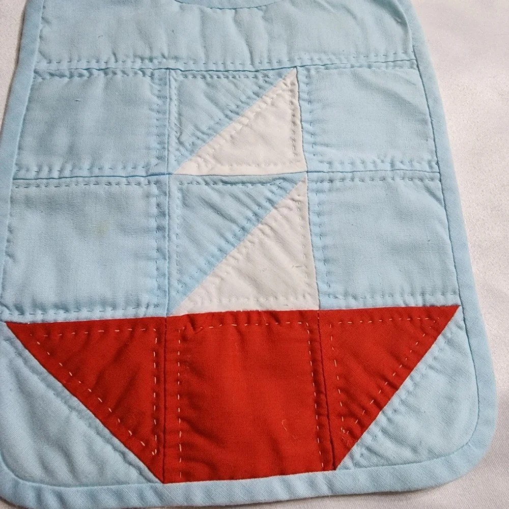 Vintage Handmade Quilted Baby Bib Sailboat Nautical Blue Red Cotton Tie Closure